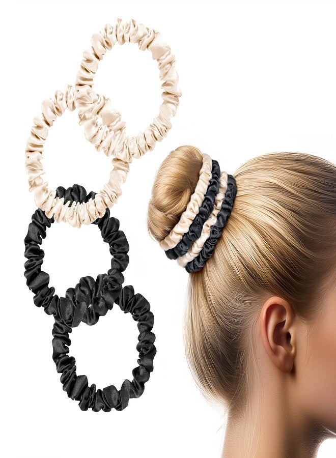 Zenssia Silk Scrunchies for Hair, 4PC Pure Mulberry Silk Hair Ties No Damage, Skinny Elastic Scrunchies for Fine & Thin Hair, Black Champagne - Image 1